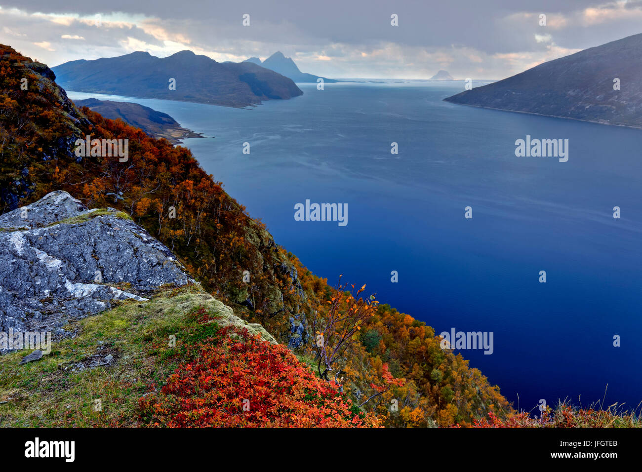 L'Europe, la Norvège, pays du nord, péninsule Nesna, vue sur le fjord Sjona fermer Nesna sur Handnesoya Banque D'Images
