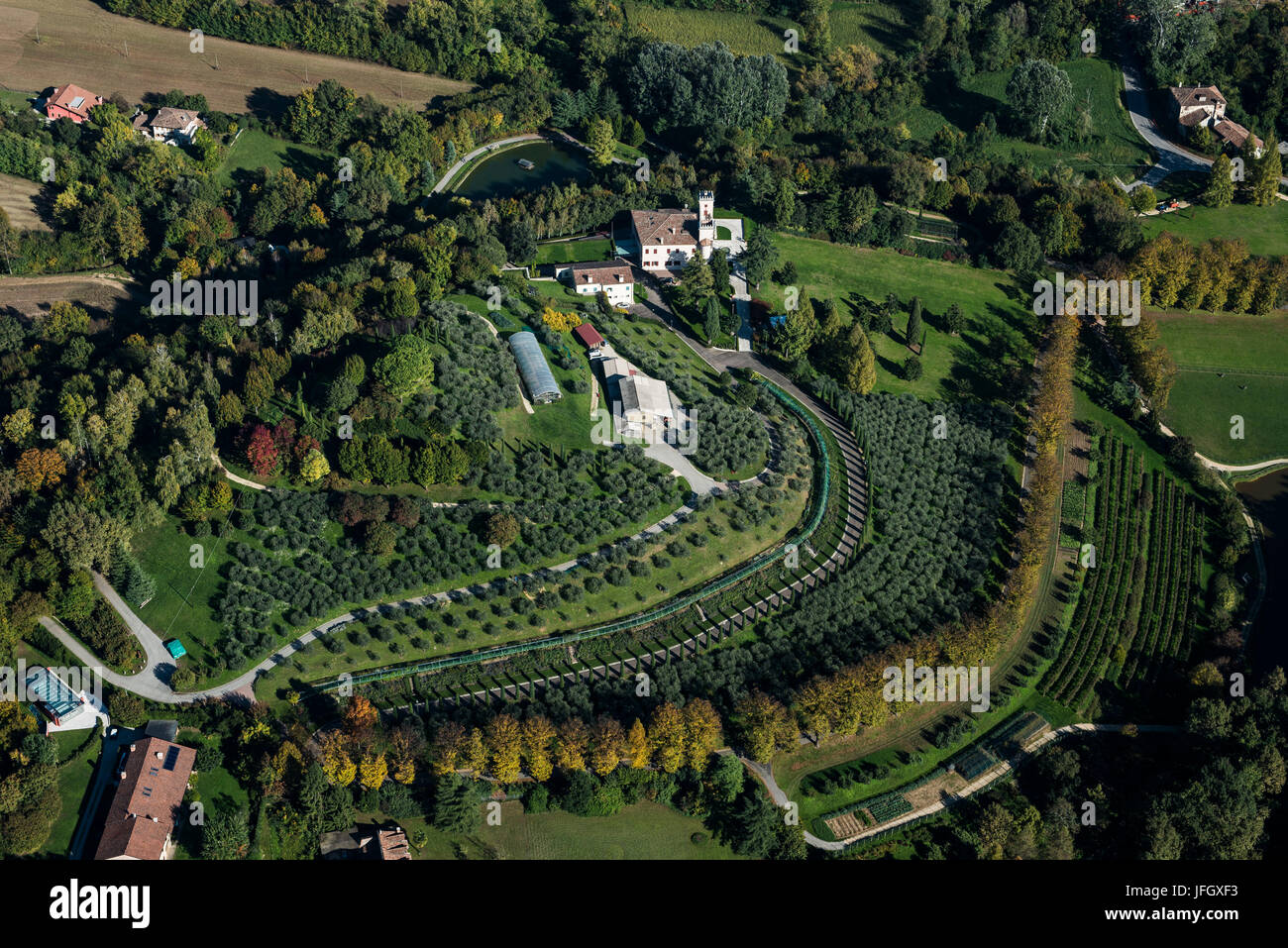 Vignoble avec Bassano, automne, vues aériennes, Ventien, Italie Banque D'Images