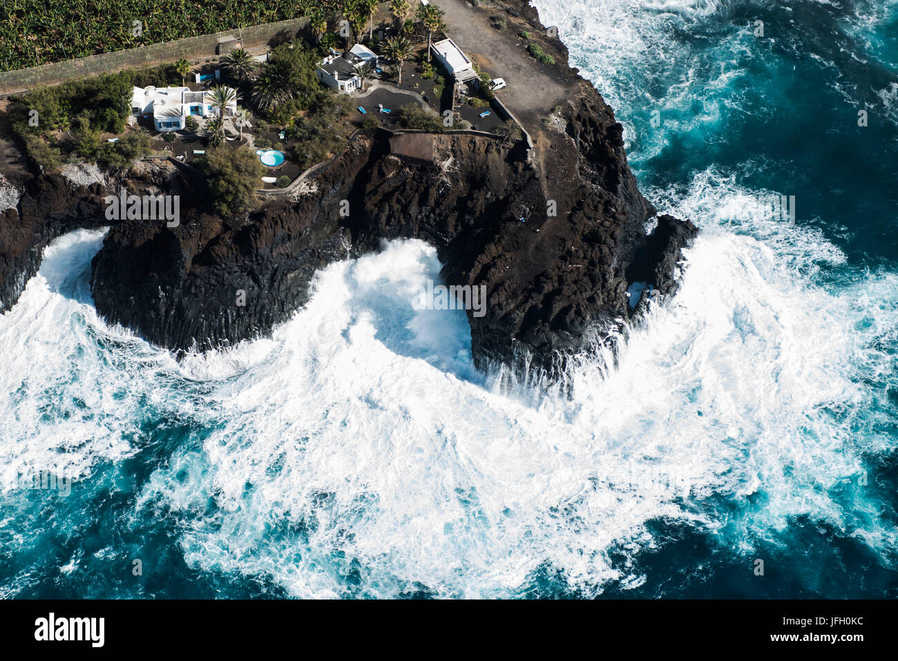 Chalets d'été sur la côte atlantique avec Puerto Naos, La Palma, photo aérienne, îles Canaries, Espagne Banque D'Images