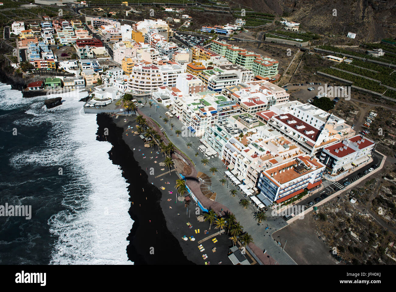 Puerto Naos avec plage et de volcan, La Palma, photo aérienne, îles Canaries, Espagne Banque D'Images