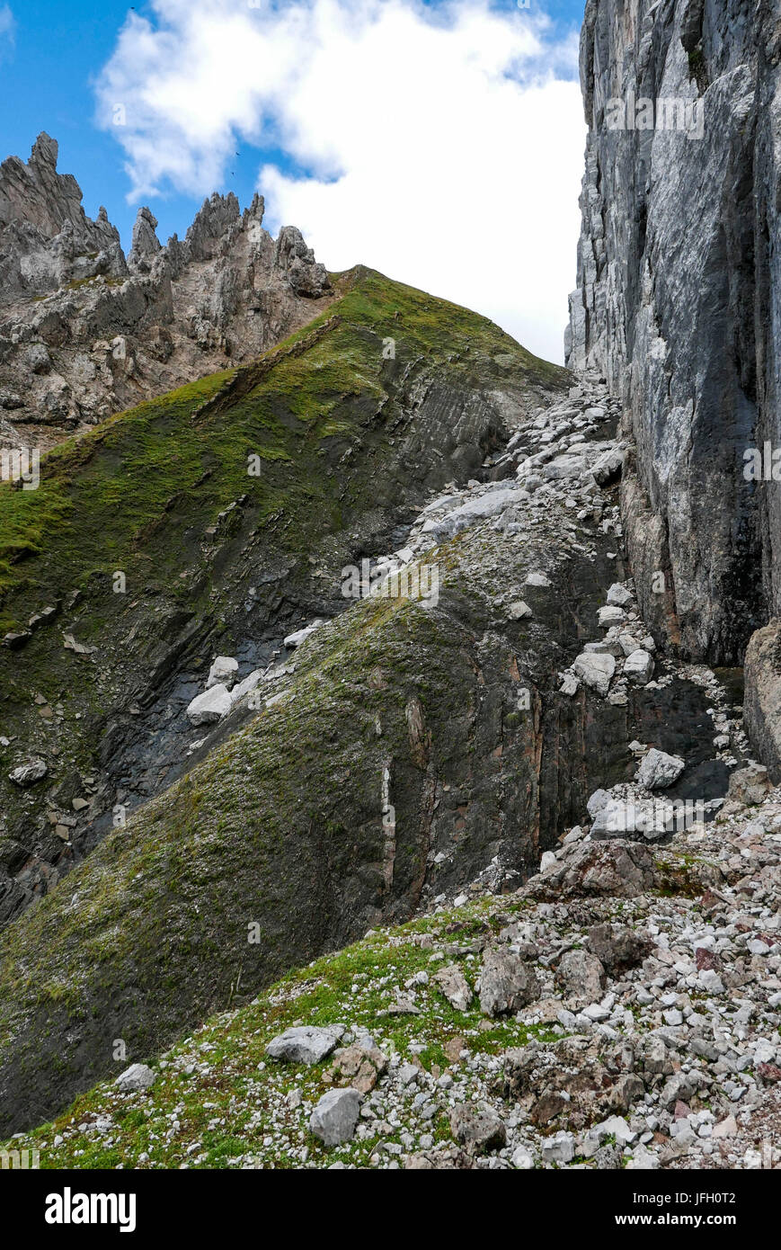 Ouvrez les couches de la terre, la géologie et l'histoire de la terre avec Raiblerschichten fragile dans le Gschnierkopf Hinterautal, big, Karwendel, Tyrol Banque D'Images