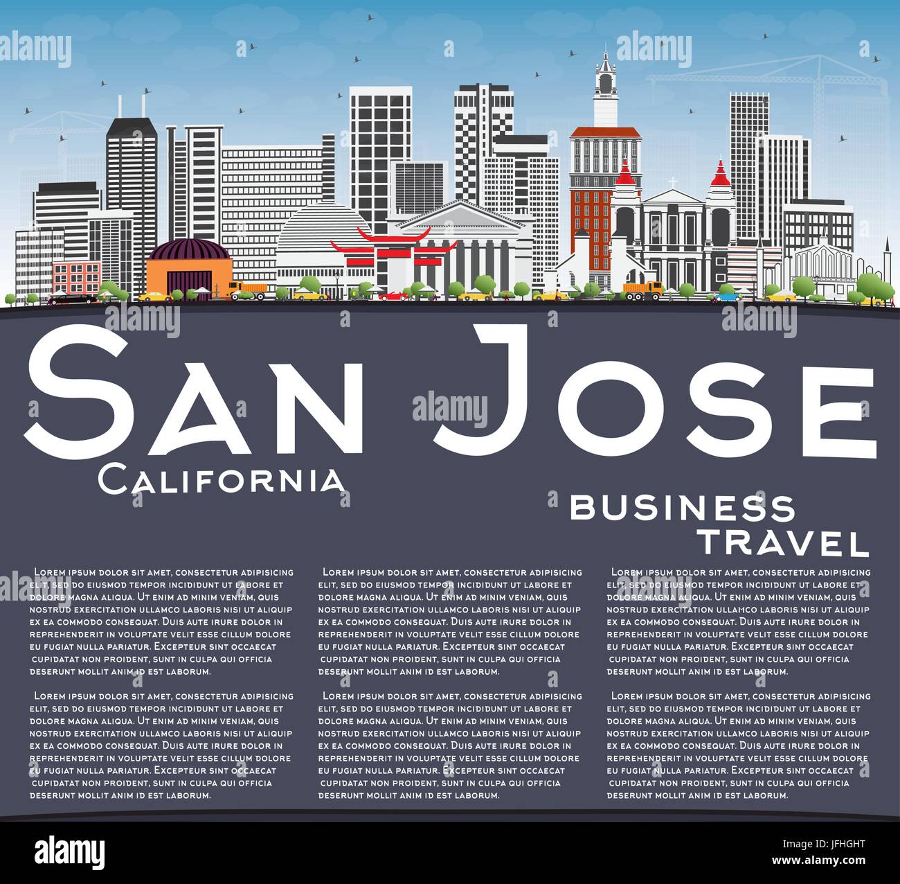 San Jose en Californie avec des toits de bâtiments gris, bleu ciel et espace copie. vector illustration. Illustration de Vecteur