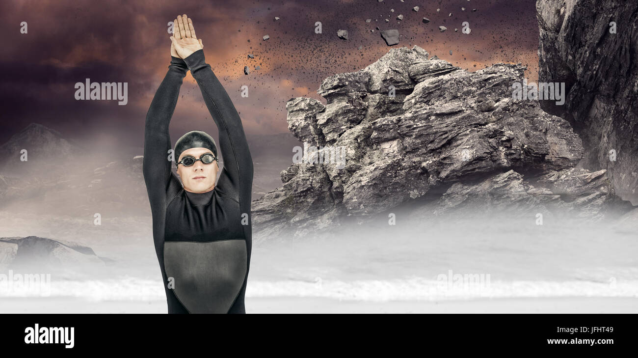 Image composite du nageur dans la combinaison tout en plongée sous-marine Banque D'Images