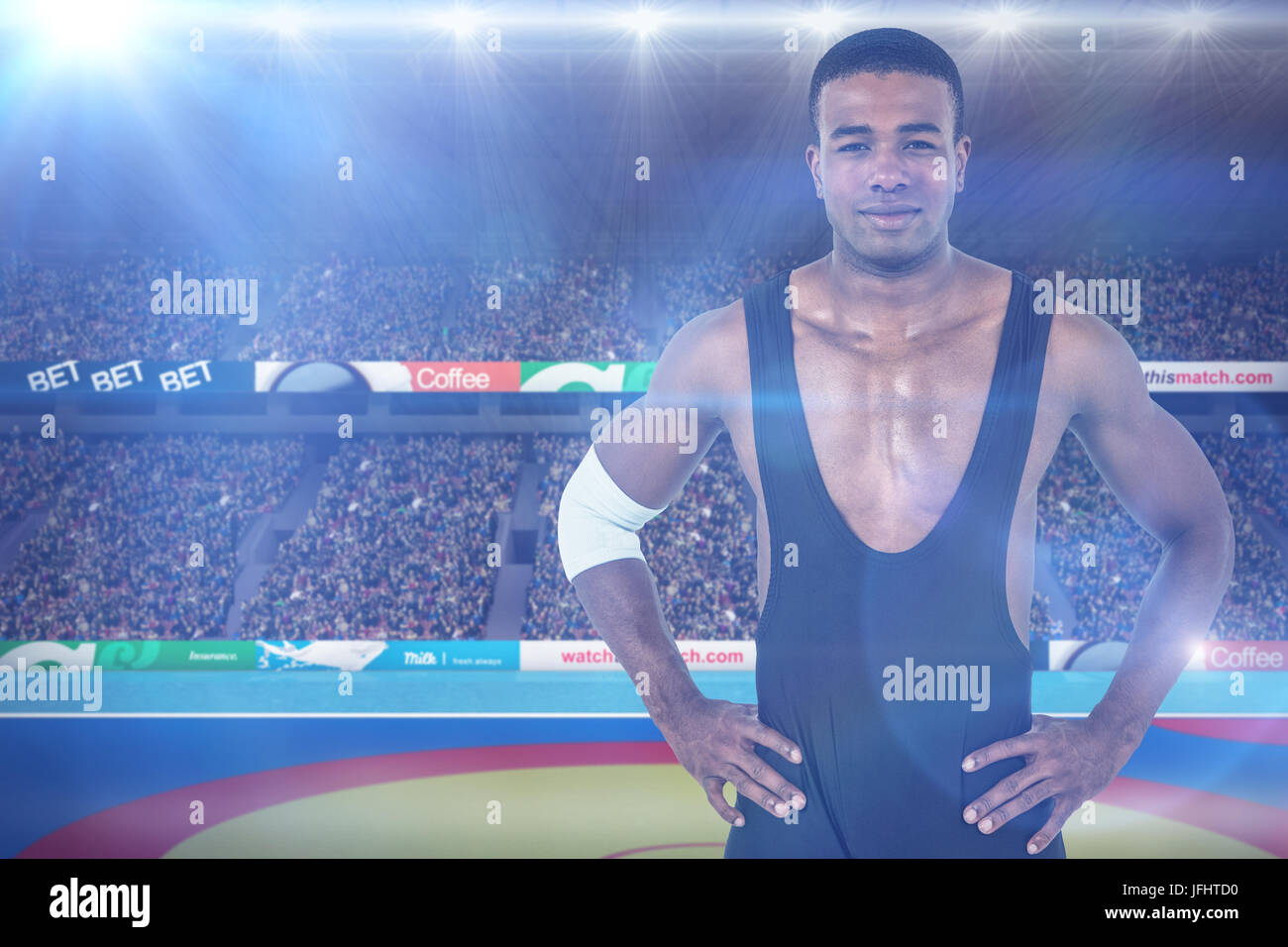 Comité permanent de l'athlète avec la main sur la hanche à l'encontre de l'image composite Banque D'Images