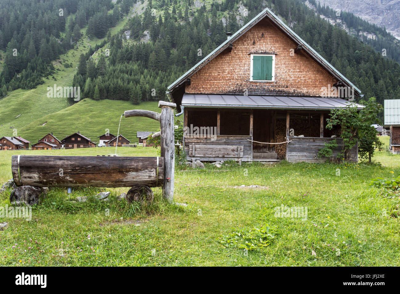 Bien en bois, maison, Alp, meadow Banque D'Images