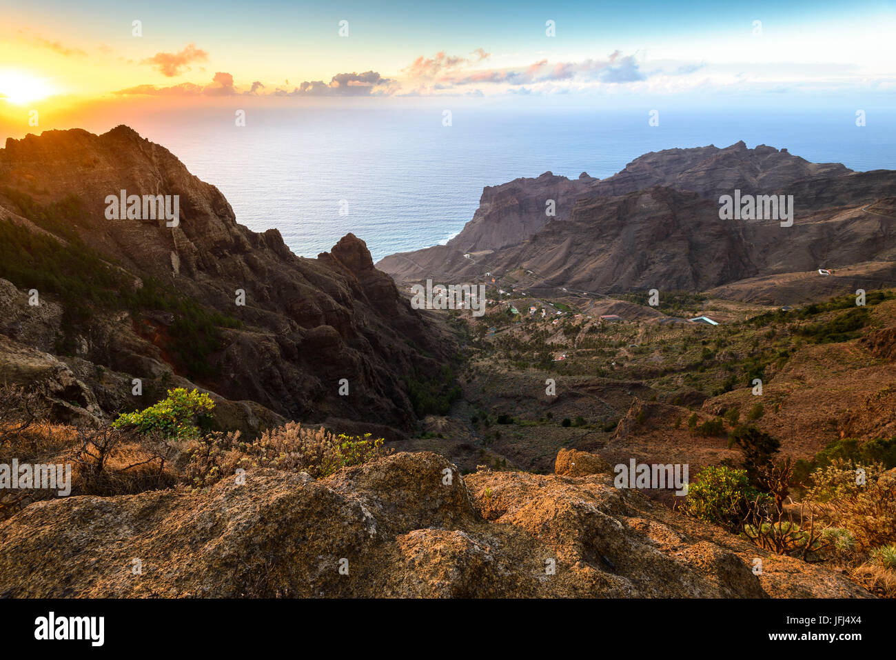 Valle Gran Rey, coucher du soleil, la Gomera, Canary Islands, Spain Banque D'Images