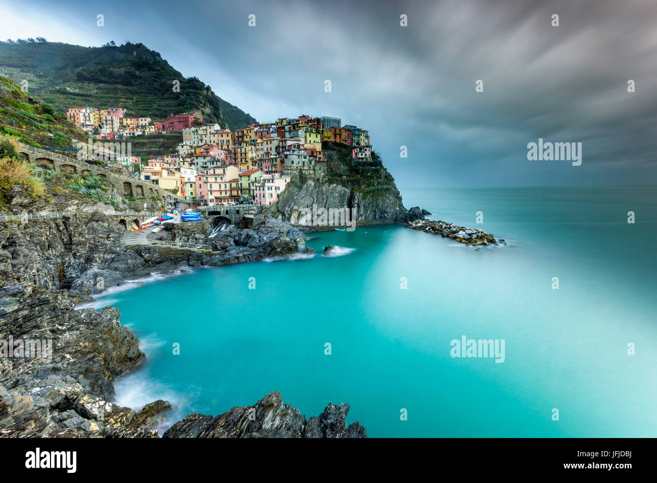 Une longue exposition de Manarola, Cinque Terre, Riviera di Levante, ligurie, italie Banque D'Images