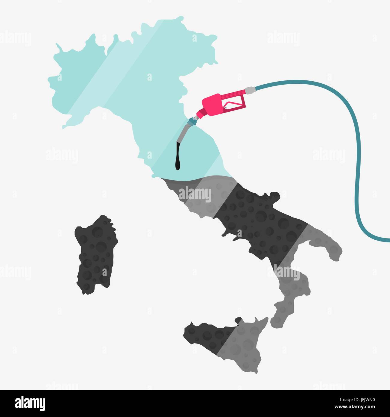 Carte de l'Italie étant alimentée par l'huile. La pompe à gaz alimentée carte. Sur la carte il y a une réflexion en verre. Conceptuel. Les producteurs de pétrole ou des pays importateurs. Illustration de Vecteur