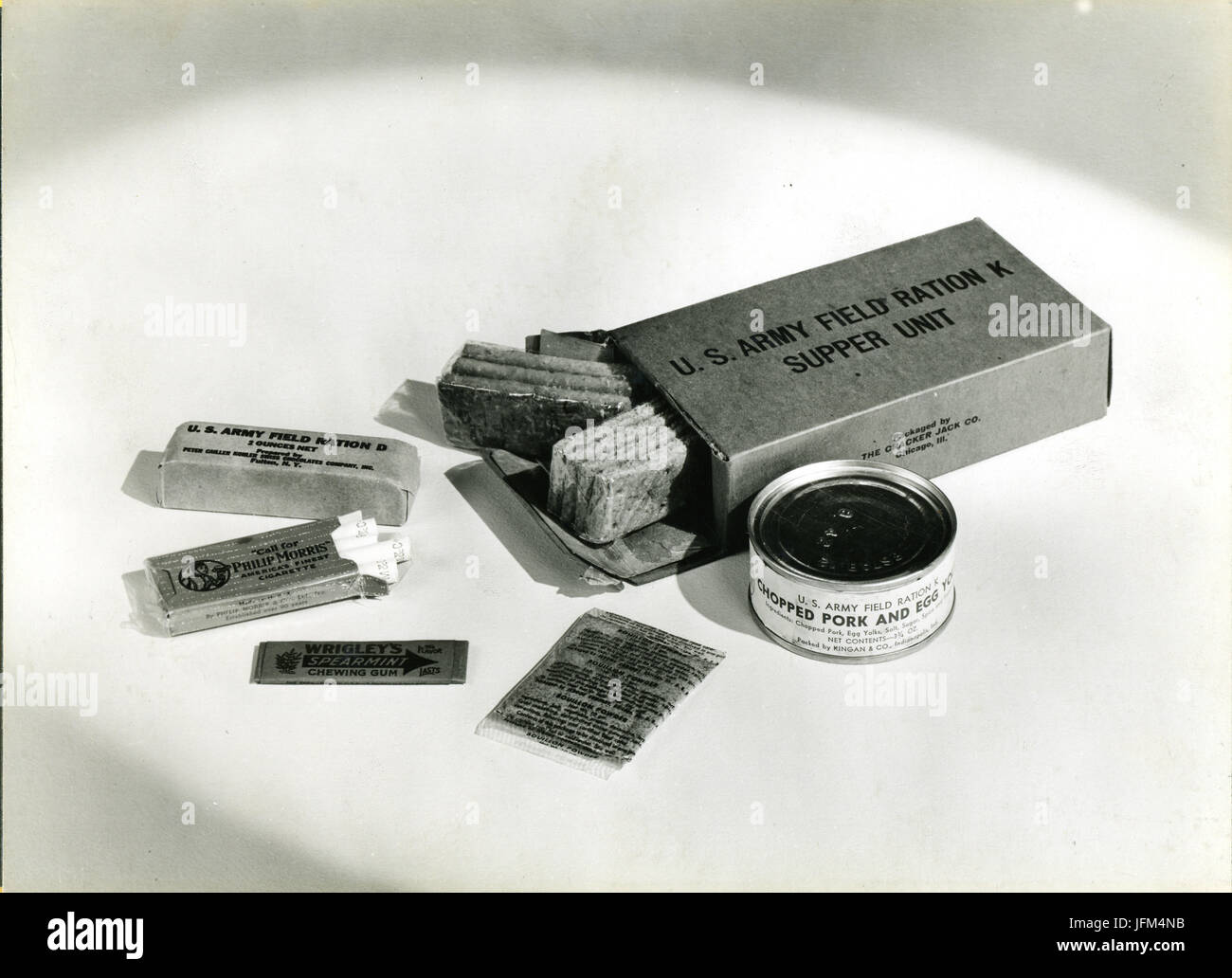 Le contenu des champs de l'ARMÉE AMÉRICAINE K ration - souper unité. La Seconde Guerre mondiale. Banque D'Images