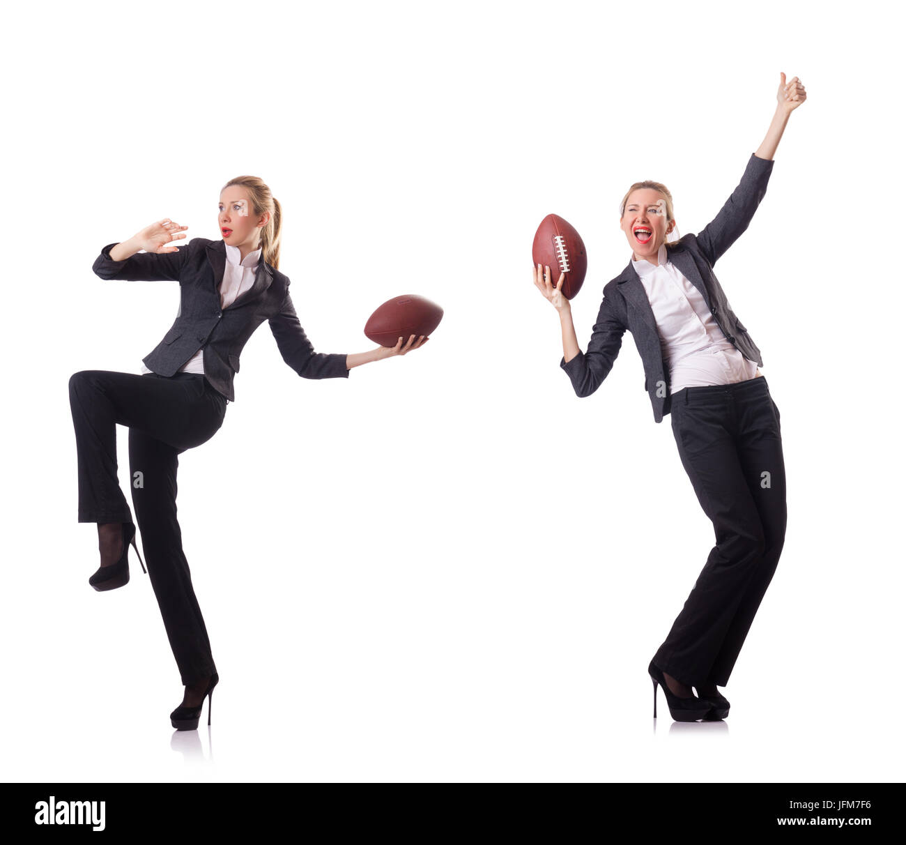 Woman man avec le football américain Banque D'Images