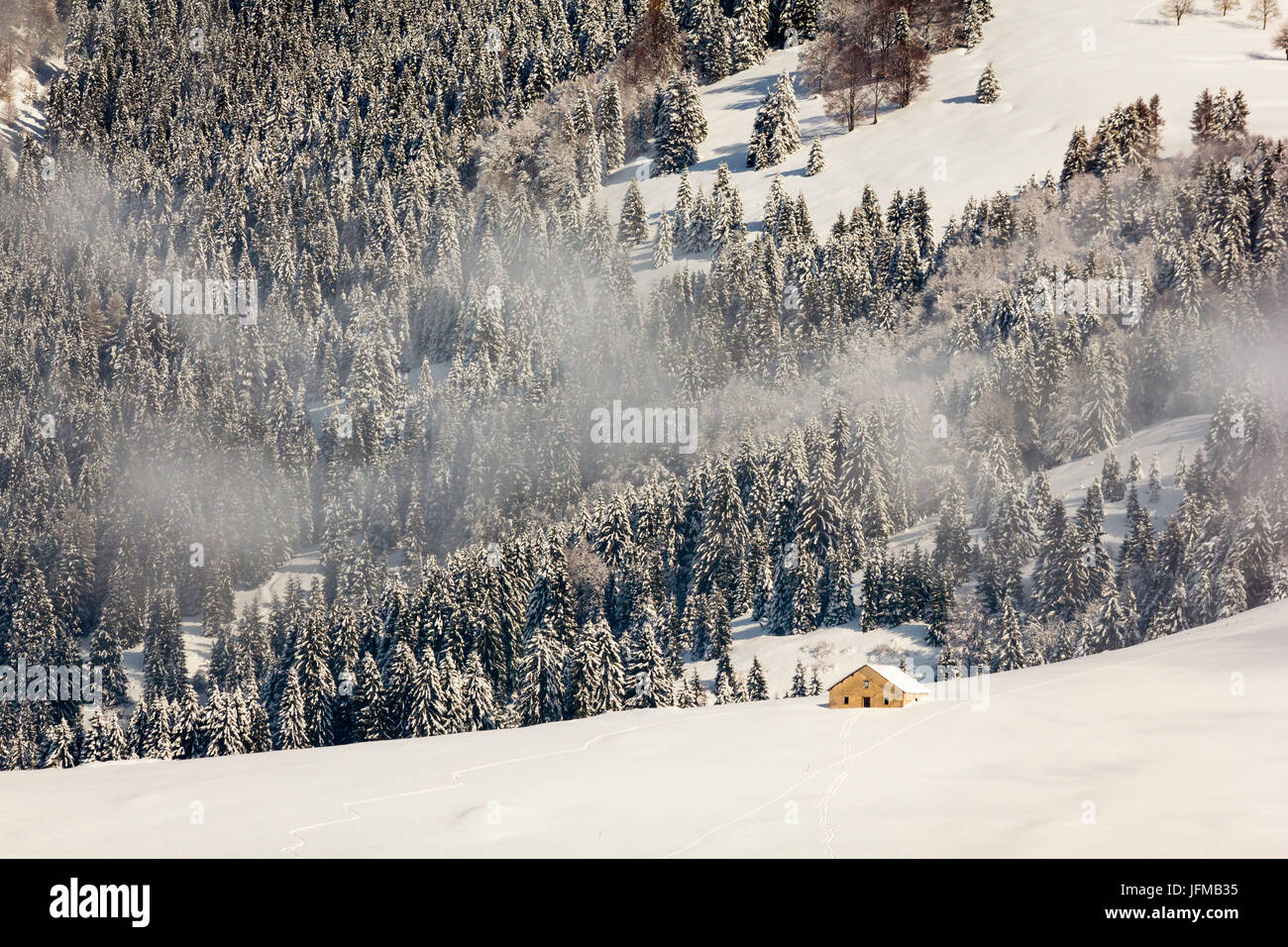 Refuge de montagne, Gallio, d'Altopiano Asiago, Province de Vicenza, Vénétie, Italie, ancienne cabane de berger en hiver, Banque D'Images