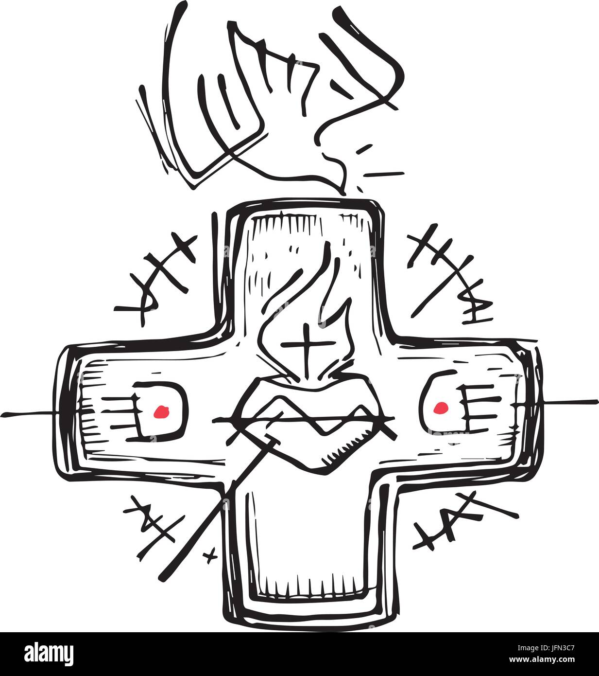 Hand drawn vector illustration ou dessin d une croix chrétienne et des symboles religieux illustration