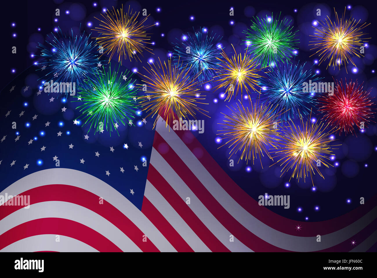 Date de l'Indépendance 4 juillet vacances contexte avec le drapeau américain et la célébration d'artifice. mousseux Banque D'Images