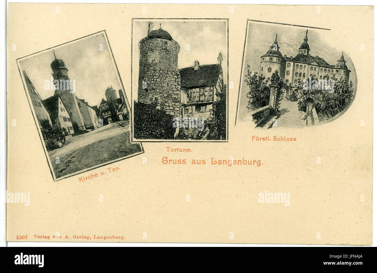 05207-Langenburg-1904-Kirche und Tor, Torturm, Fürstliches Schloß-Brück & Sohn Kunstverlag Banque D'Images