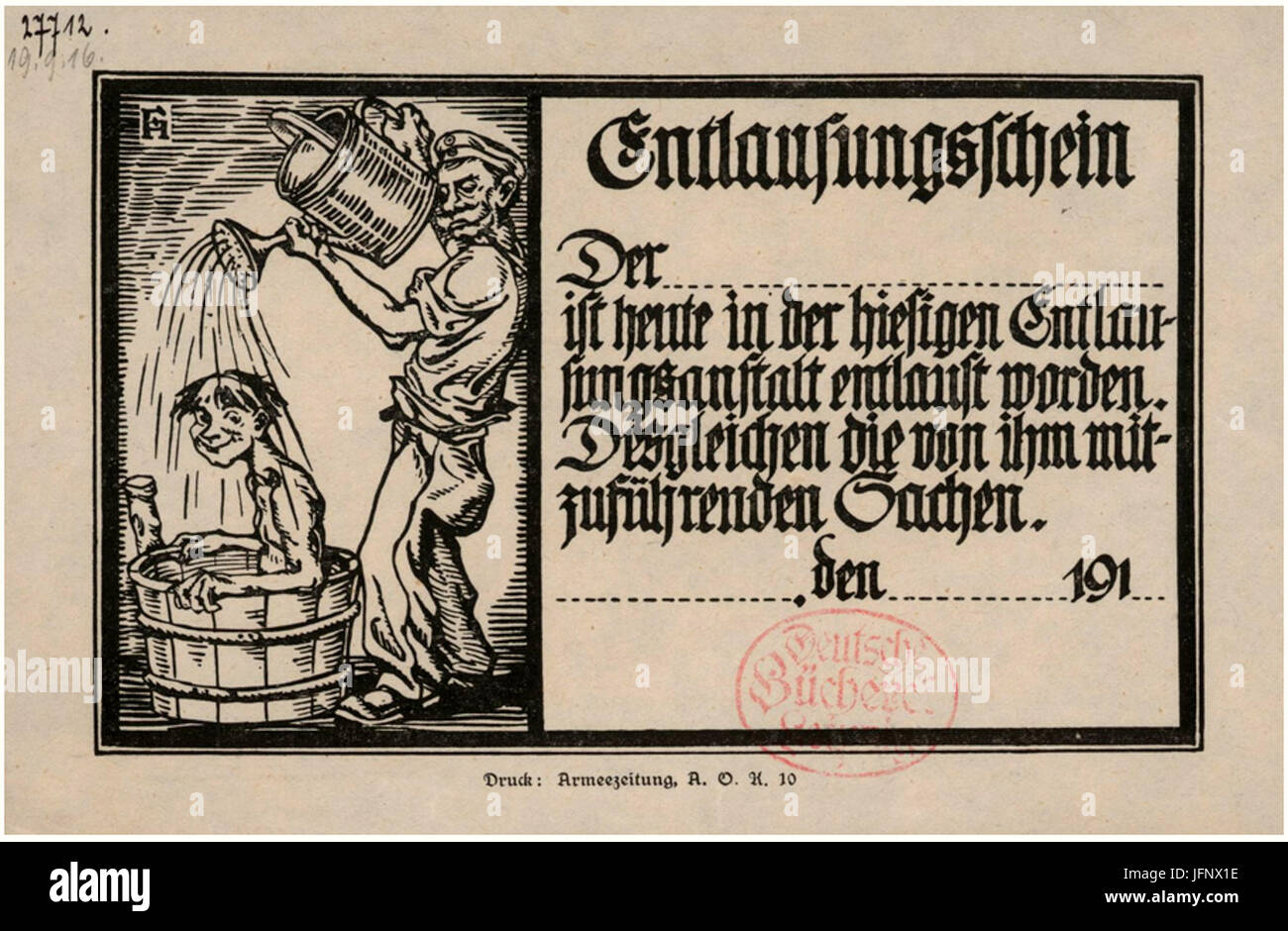 Circa 1916 Hendriok Entlausungsschein, Fred, Druck Armeezeitung A. O. K., 10 Deutsche Bücherei Leibzig, La Deutsche Nationalbibliothek, Sammlung Erster Weltkrieg Banque D'Images