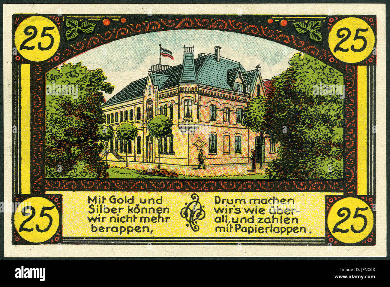 1921-06-01 Gutschein der Stadt Eldagsen, 0,25 Mark 25 Pfennig, gültig bis 1. Februar 19 , Papierlappen b, Spruch, Ansicht Altes Rathaus Banque D'Images