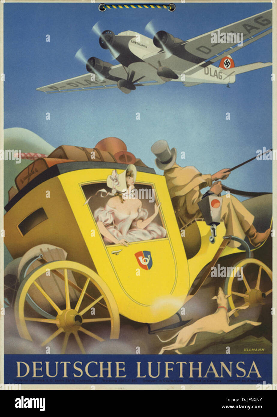 Circa 1936 Max Ullmann Plakat für die Deutsche Lufthansa, Junkers Ju 52 über einer Postkutsche Banque D'Images
