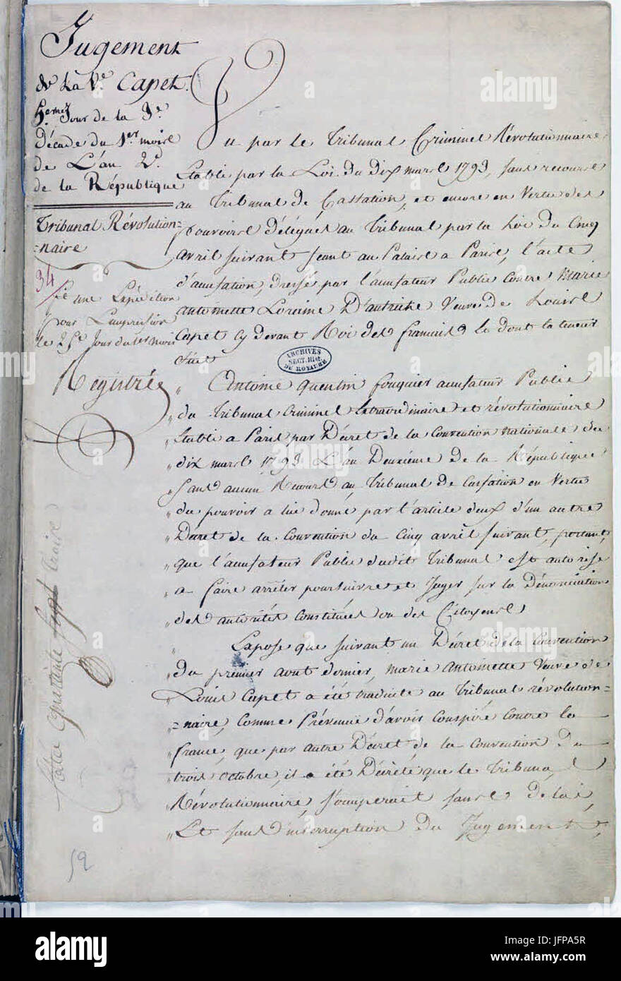 Acte de condamnation à mort de Marie-Antoinette par le Tribunal révolutionnaire 14 et 15 - Archives nationales - AE-J-5-18-34 Banque D'Images