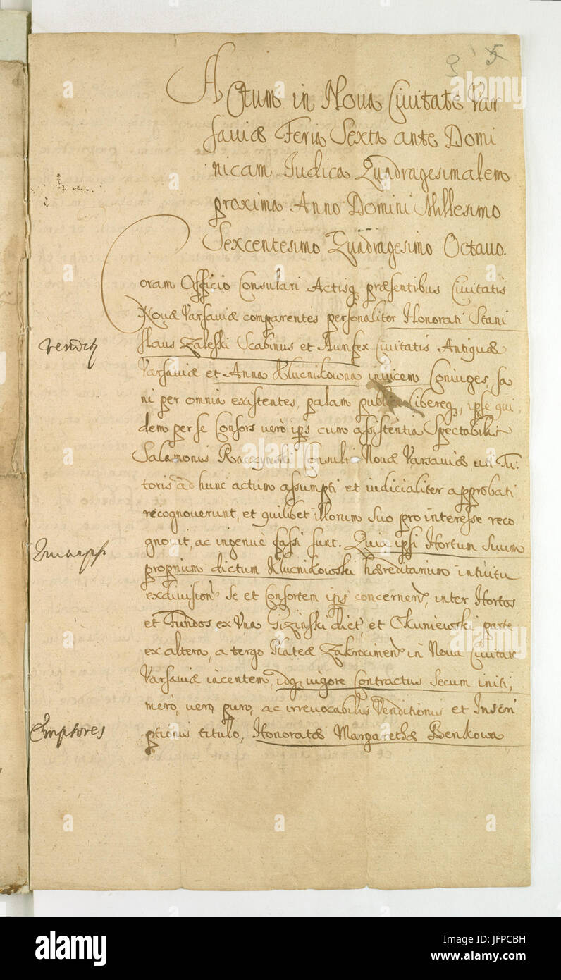 AGAD Akt sprzedaży ogrodu położonego na terenie Nowego Miasta Warszawy przy ulicy Zakroczymskiej, 1648 r. - 0009 Banque D'Images