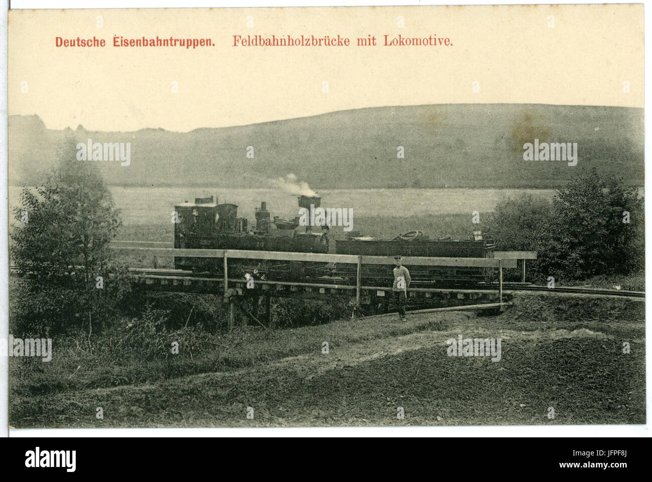 11313-Landkreis Meißen 1910 Eisenbahntruppen Feldbahnholzbrücke-Deutsche mit Lokomotive-Brück & Sohn Kunstverlag Banque D'Images