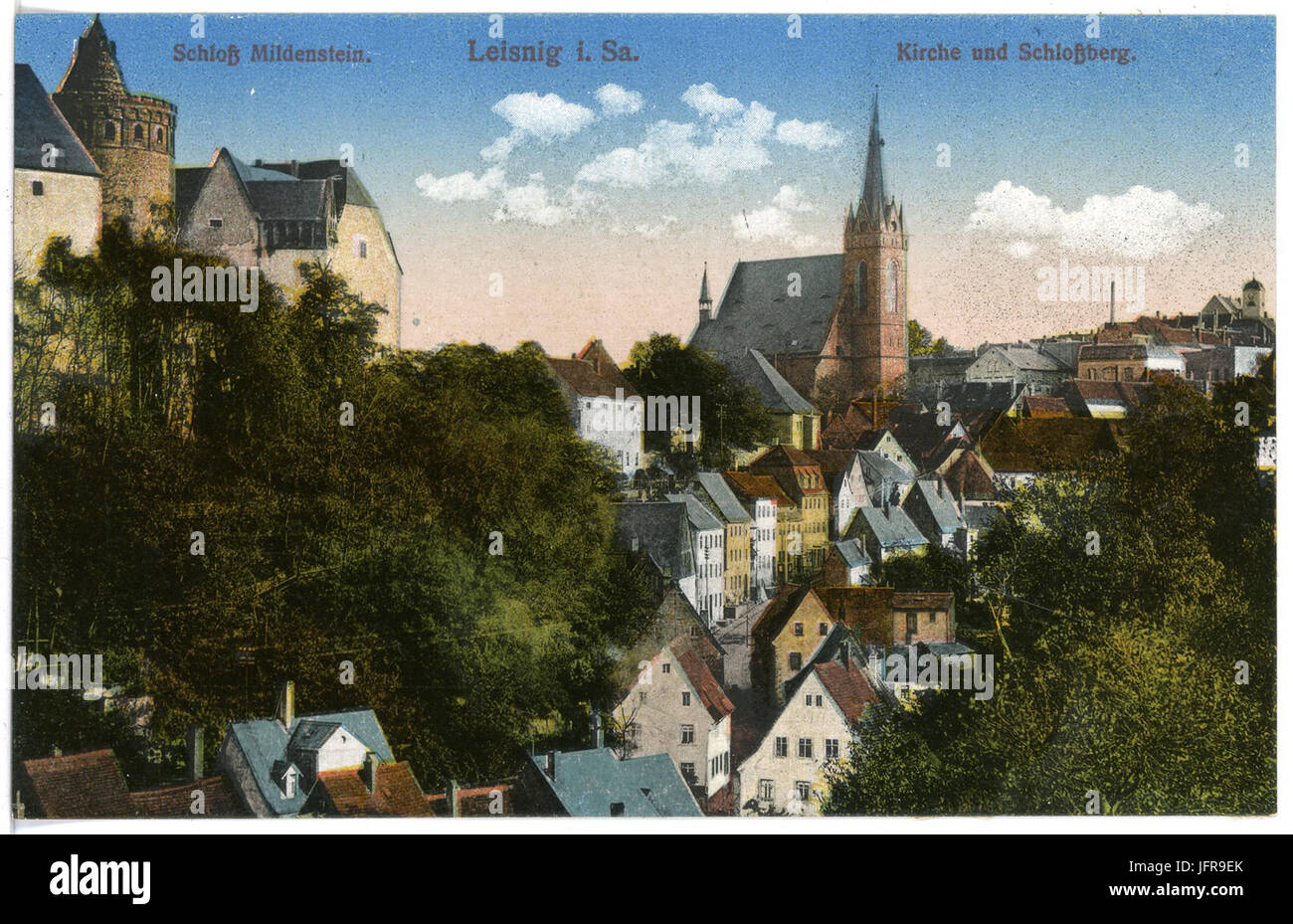 17385-Leisnig-1914-Schloß Mildenstein, Kirche und Schloßberg-Brück & Sohn Kunstverlag Banque D'Images