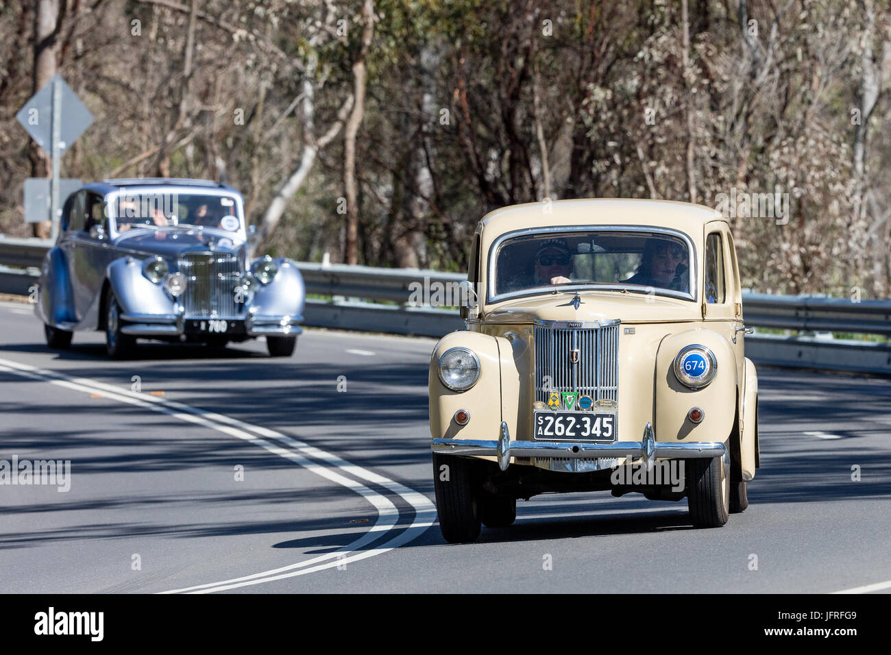 Vintage 1949 Ford Prefect Sedan la conduite sur des routes de campagne près de la ville de Birdwood, Australie du Sud. Banque D'Images