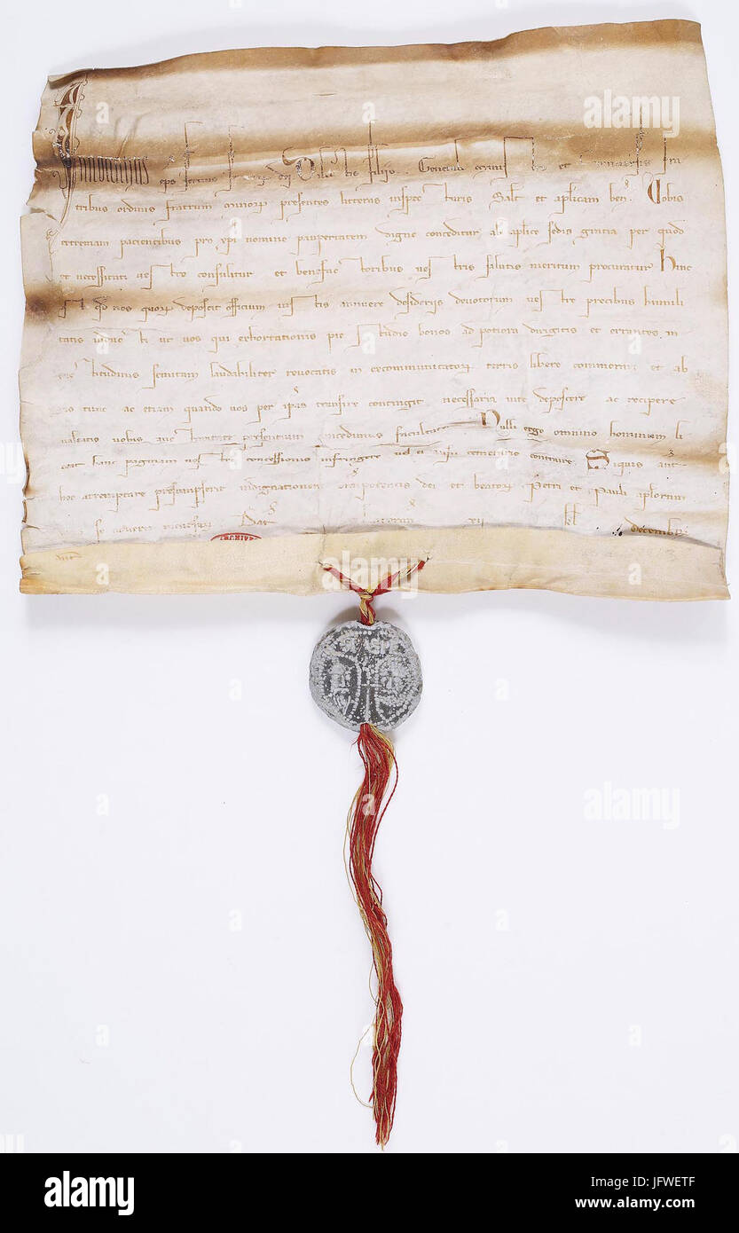 Bulle d'Innocent IV autorisant les frères mineurs à séjourner et exercer leur ministère sur les terres excommuniées 1 - Archives nationales - AE-II-1637 Banque D'Images