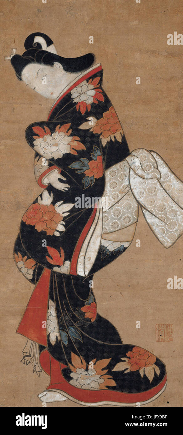 'La Beauté dans un kimono noir Torii Kiyonobu' par, ch. 1710-20 Banque D'Images