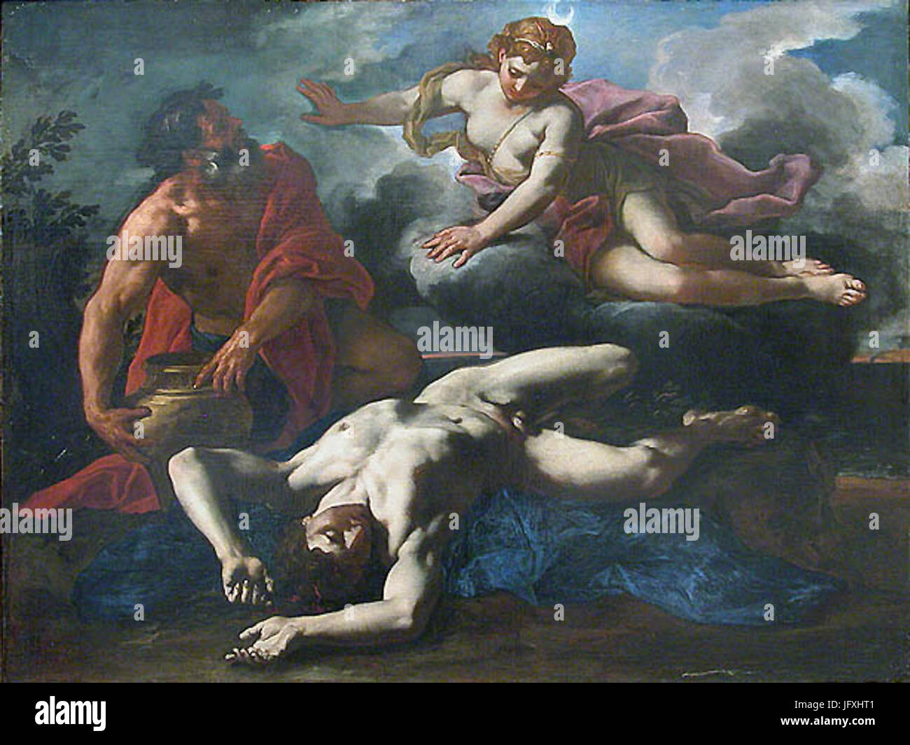 L'œuvre 'Diane auprès du cadavre d'Orion' représente la scène mythologique de la déesse Diana pleurant le corps du chasseur Orion. La peinture capture une interprétation dramatique et émotionnelle de ce mythe classique, mettant en valeur l'habileté de l'artiste à décrire le chagrin et le lien céleste entre les deux figures. Banque D'Images