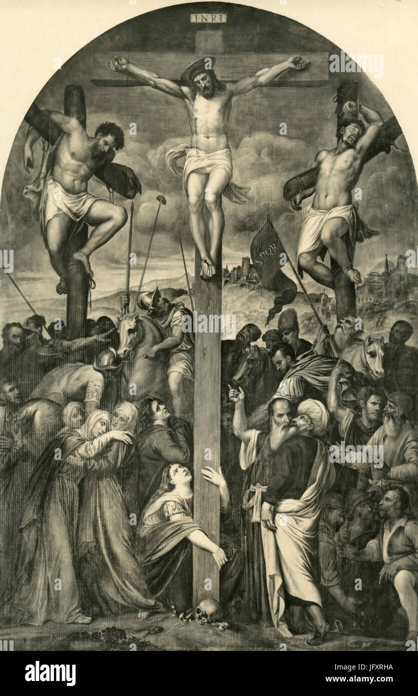 Crucifixion, peinture par Stefano dell'Arzere, Padoue, Italie Banque D'Images
