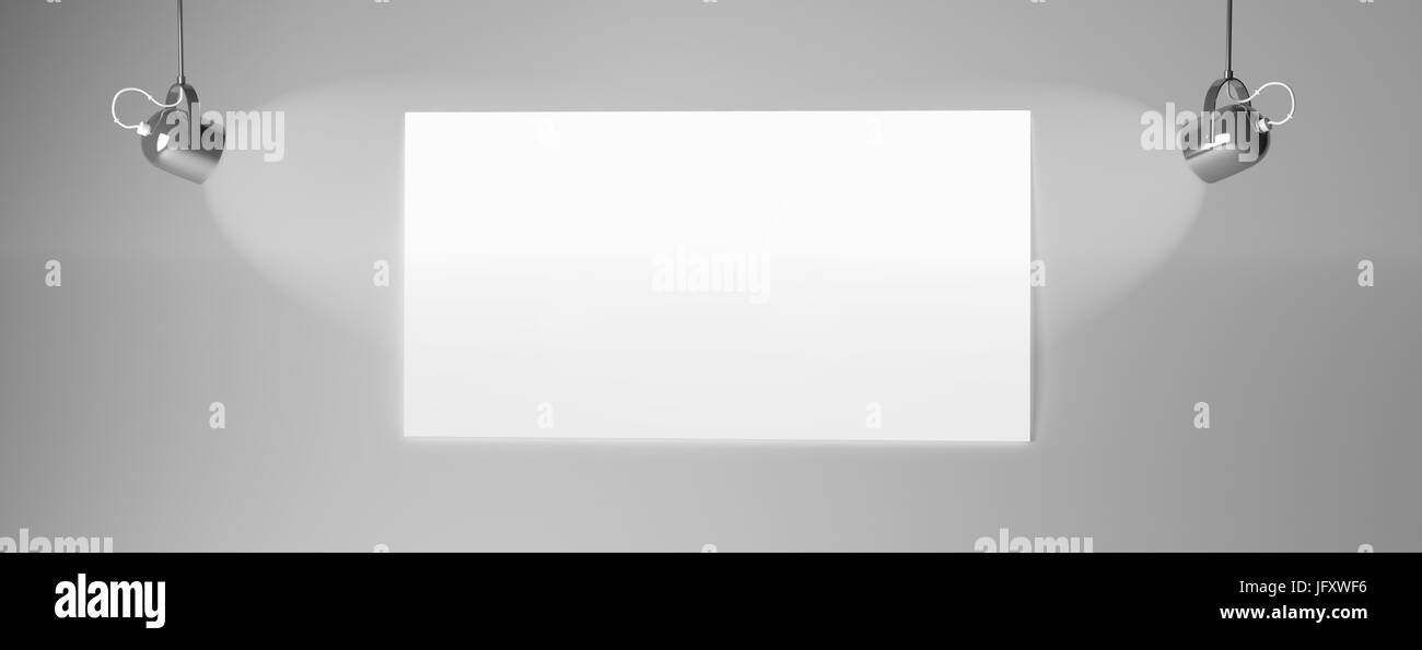 Le rendu 3D d'un livre blanc sur un mur sombre avec deux projecteurs Banque D'Images