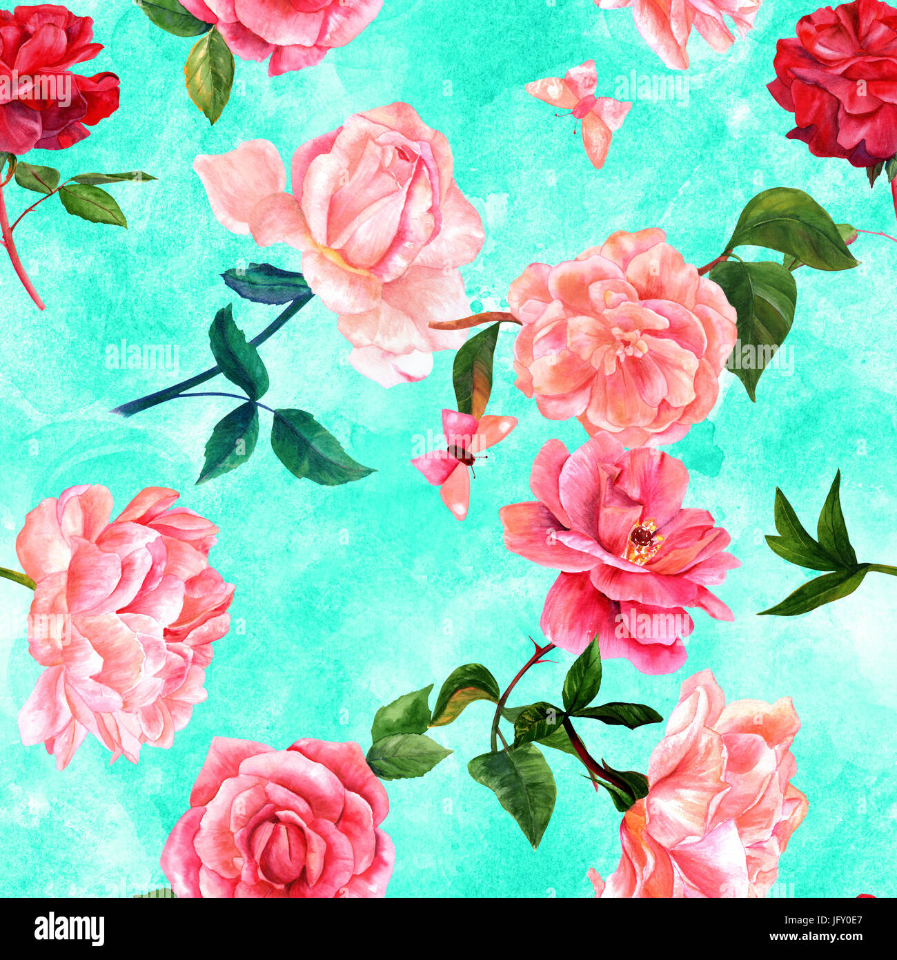 Un modèle sans couture avec aquarelles de fleurs roses rouges et roses, camélias, de pivoines et papillons, peintes à la main sur un arrière-plan de sarcelles Banque D'Images