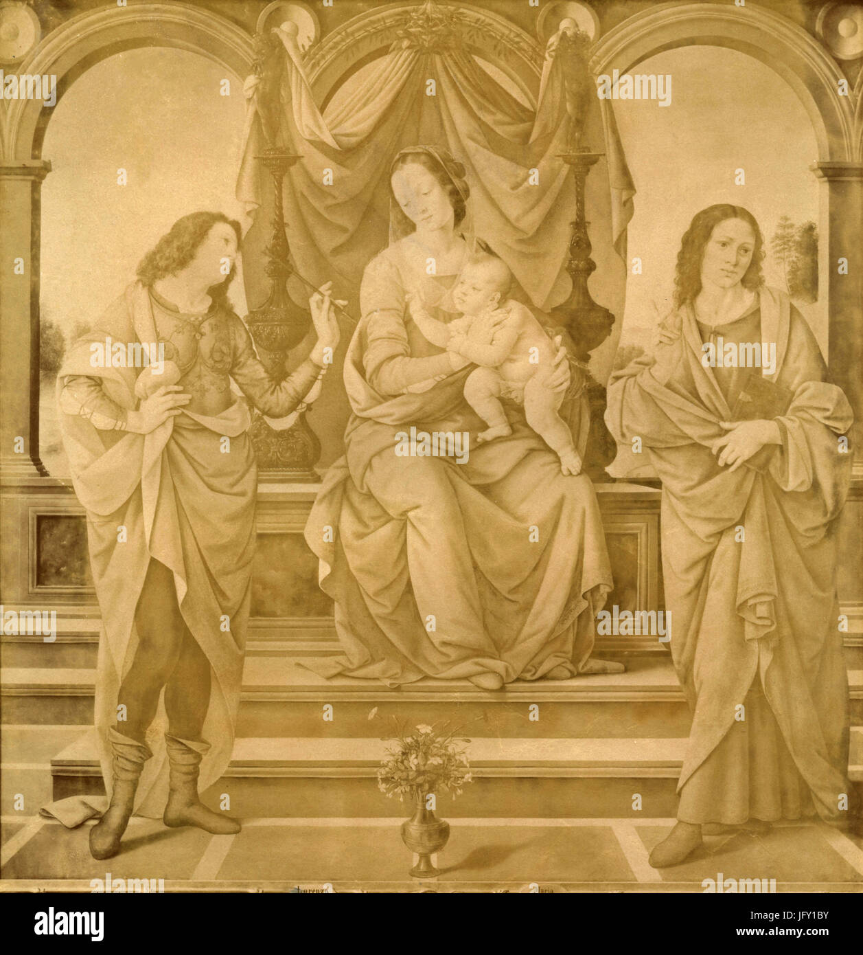 Intronisé vierge à l'enfant et saints, peinture de Lorenzo di Credi, Dresden, Allemagne Banque D'Images