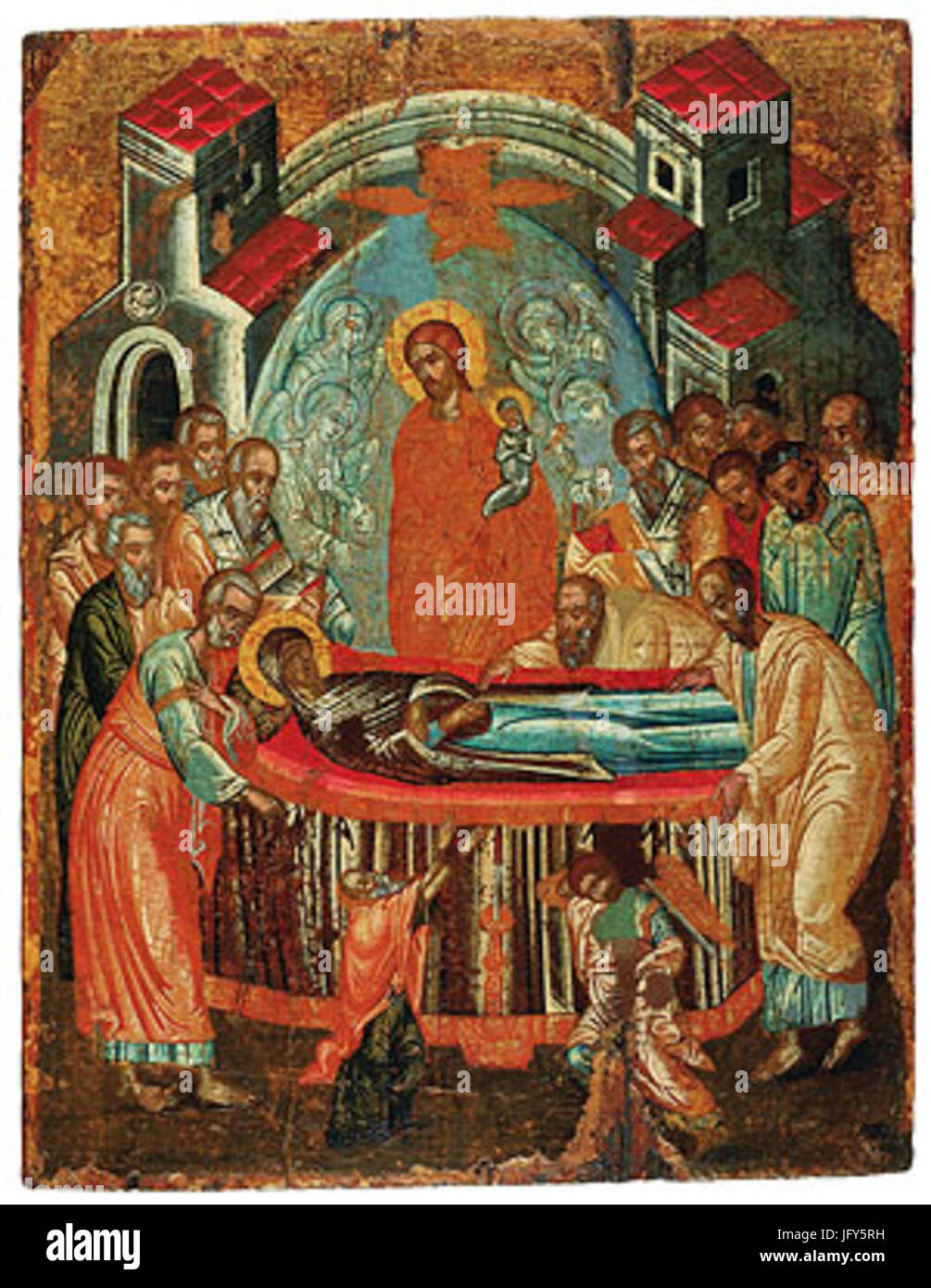 La Dormition de la Vierge est une icône orthodoxe grecque du XVIIe au XVIIIe siècle, représentant la mort et l'ascension de la Vierge Marie. L'œuvre reflète la dévotion religieuse et l'iconographie dans la tradition chrétienne orthodoxe. Banque D'Images