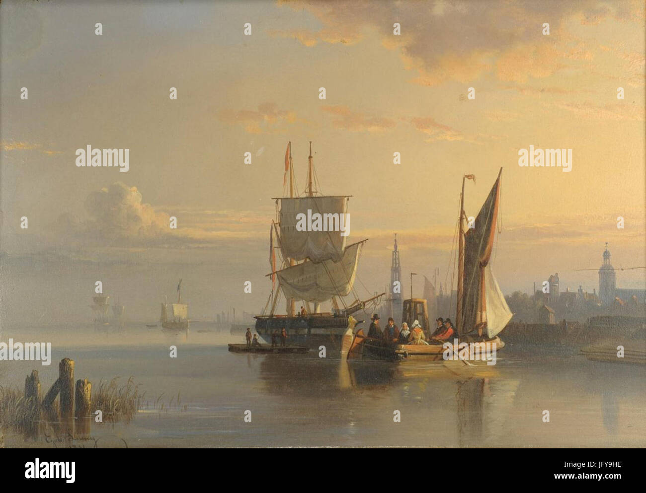 Egidius Linnig - scène portuaire européen avec deux navires Banque D'Images