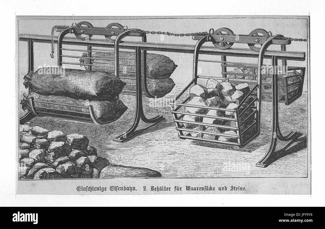 Einschienige Eisenbahn. Design du récipient für Waarensäcke Holzstich Steine und um 1880 8x14 cm Banque D'Images