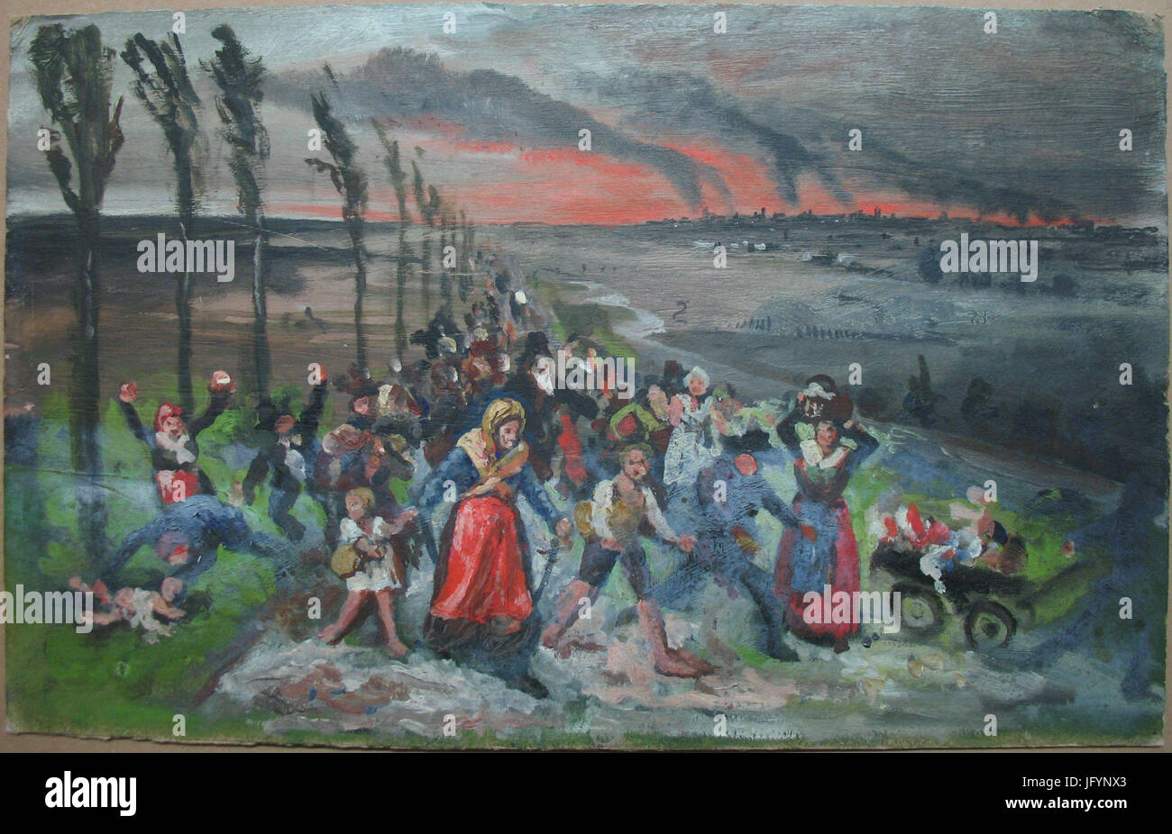Flucht vor einem auf Karton ca StadtbrandÖl. 25 x 40 cm Banque D'Images