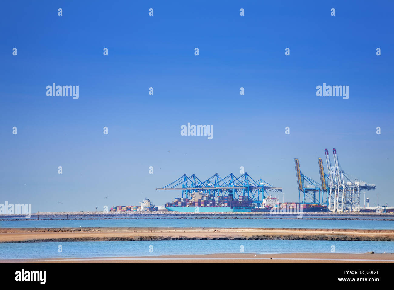 Terminal à conteneurs du Havre quai en porte-conteneurs de fret et du portail des grues, Normandie, France Banque D'Images