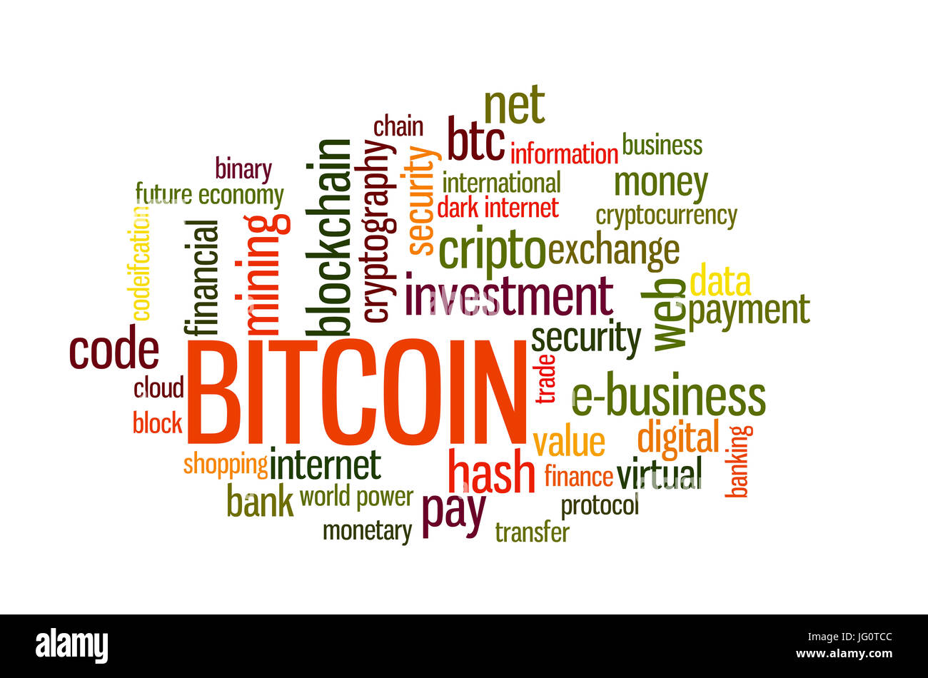 Crypto Nuage de mots monnaie Bitcoin Banque D'Images