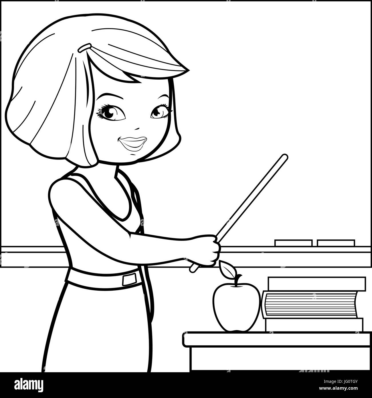 Enseignant enseignant en classe. Enseignante d'école primaire devant le tableau de la salle de classe. Page de coloriage noir et blanc vectoriel. Illustration de Vecteur