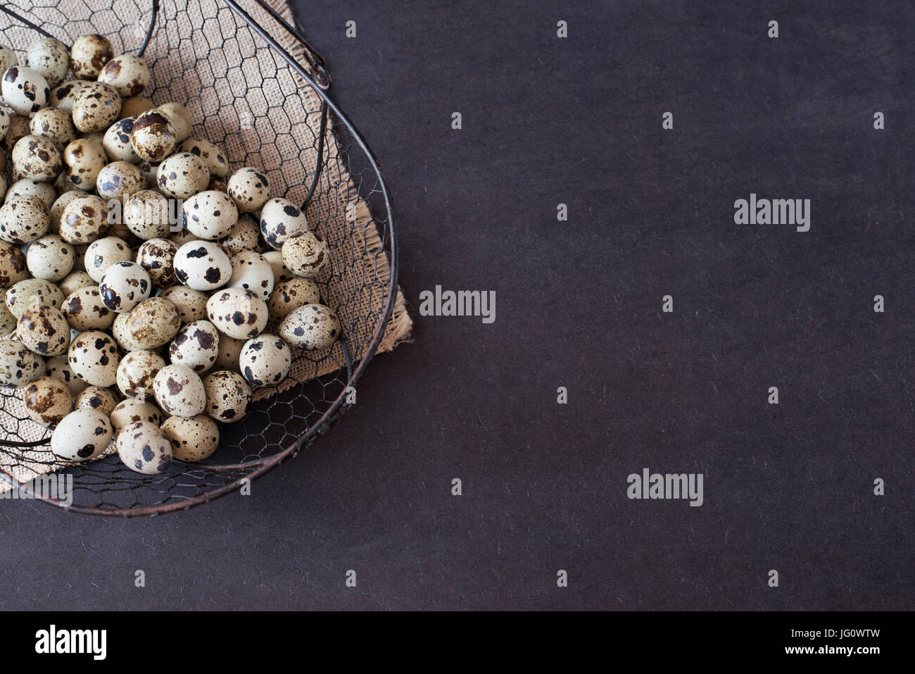 Panier en treillis métallique avec des oeufs de cailles. La photographie alimentaire sombre. Fond rustique, selective focus et diffuse la lumière naturelle. Un autre type de concept im Banque D'Images