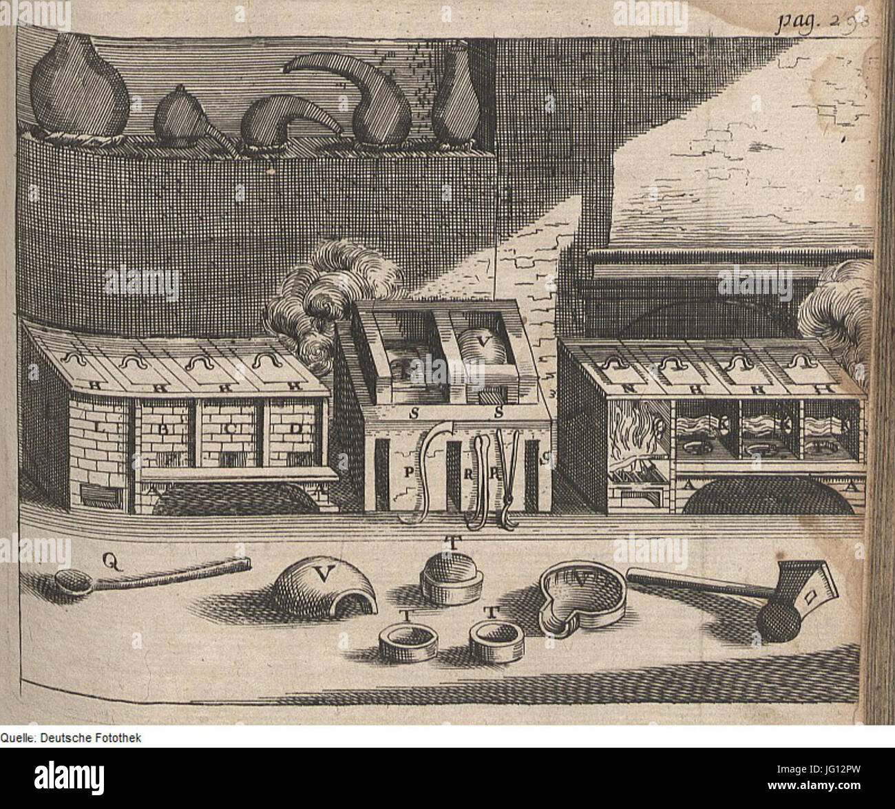 Cette image, tirée d'une collection d'appareils chimiques historiques, montre divers équipements alchimiques tels que des fours et des moufles utilisés dans les premiers processus chimiques, importants pour le développement de la chimie moderne. Banque D'Images