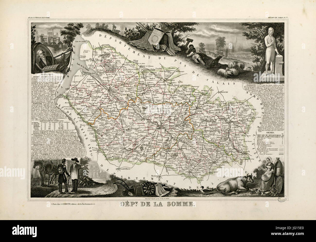 Cette carte de la collection Fonds Ancely représente le département de la somme dans le nord de la France. Il met en évidence les caractéristiques géographiques et les établissements de la région, fournissant un aperçu historique de la région au moment de sa création. Banque D'Images