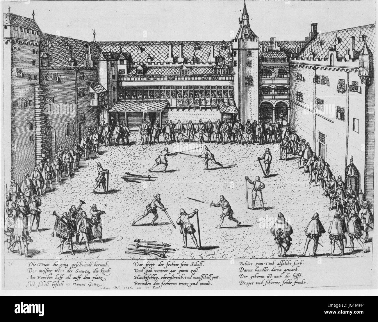 Das Düsseldorfer Stadtbild 1585-1806 Fußturnier J im Kupferstich 1585 Schlosshof von Franz Hogenberg Banque D'Images