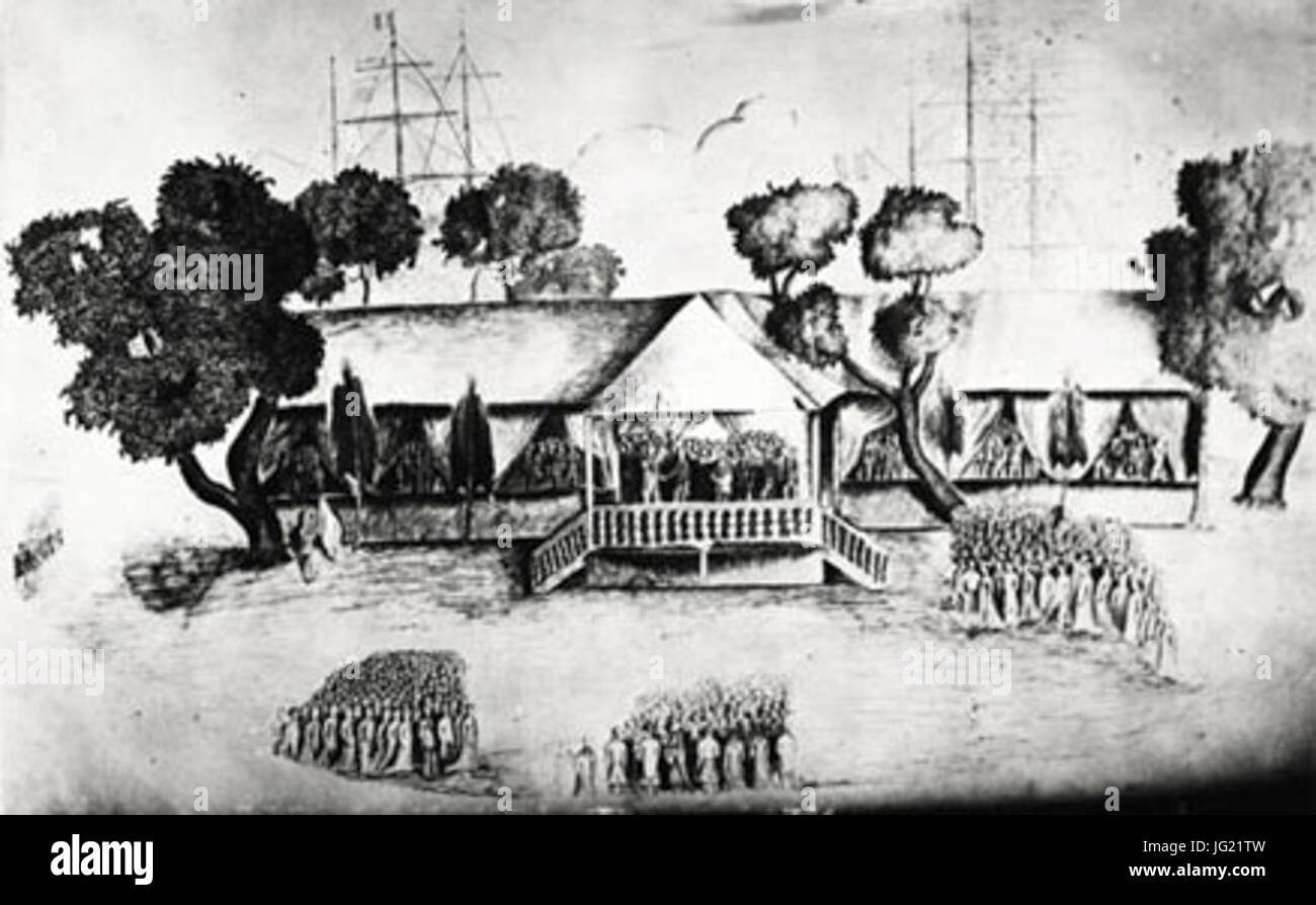 Naïve Illustration représentant la scène de la réunion de Tahiti à la France Banque D'Images