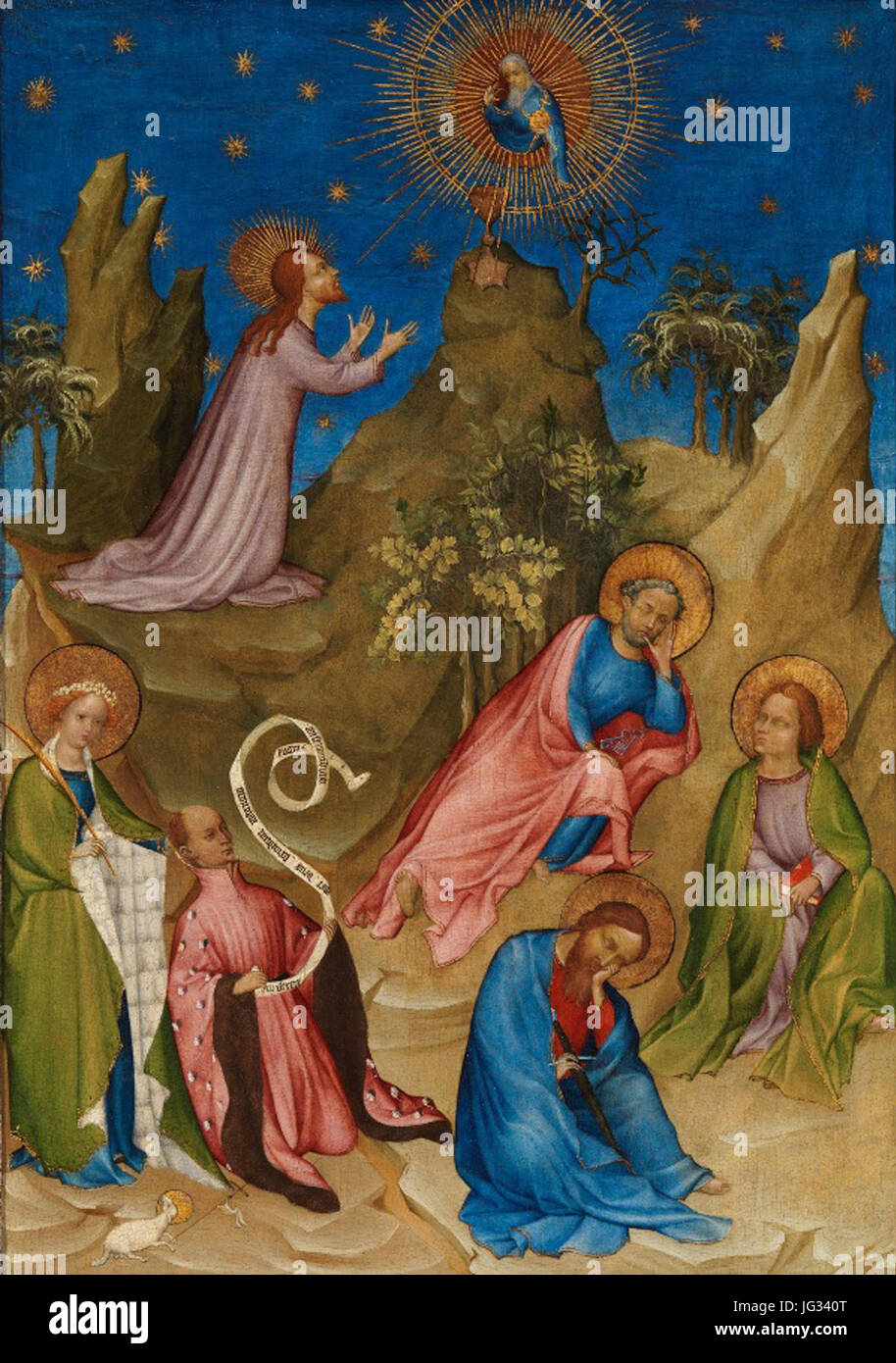 Ce tableau représente le Christ dans le jardin de Gethsémani, accompagné de Sainte Agnès et Louis Ier d'Orléans. La scène capture un moment d’importance religieuse, avec des détails complexes reflétant la profondeur émotionnelle de l’histoire biblique. Banque D'Images
