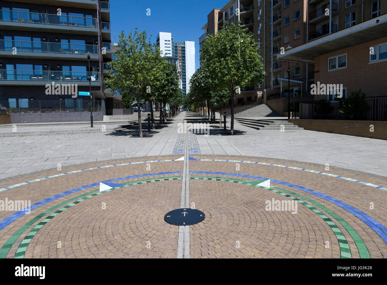 Premier méridien marqueur, Isle of Dogs, Londres, Royaume-Uni. Banque D'Images