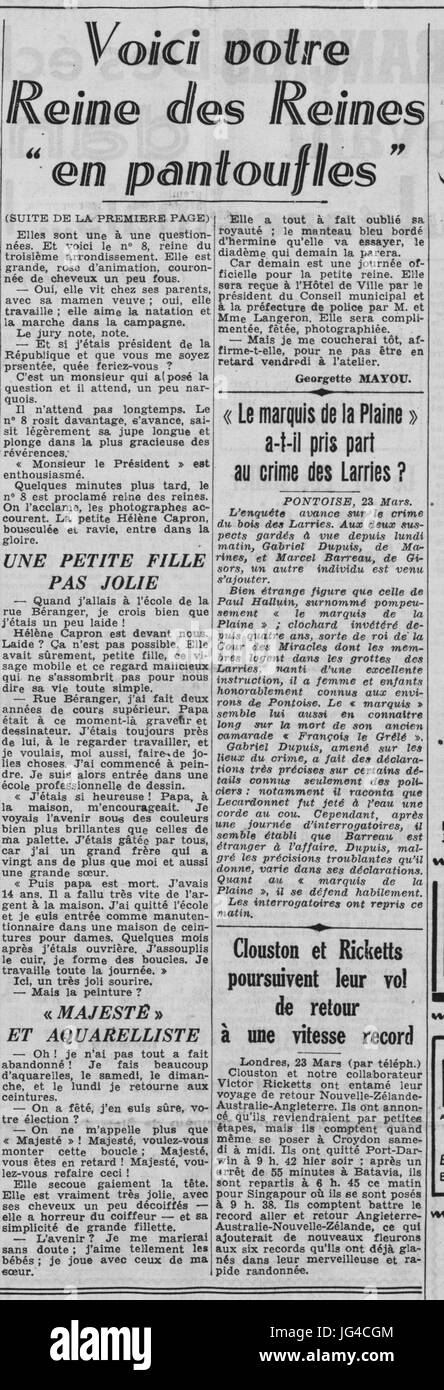 Paris-soir - 24 mars 1938 - Hélène Capron Reine des reines - Page 7 - ème et 4ème colonnes - 2ème partie de l'article Banque D'Images