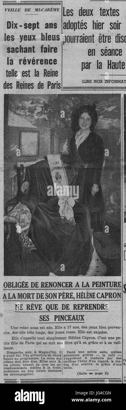 Paris-soir 24 mars 1938 - Hélène Capron Reine des reines - Page 1 début de l'article Banque D'Images