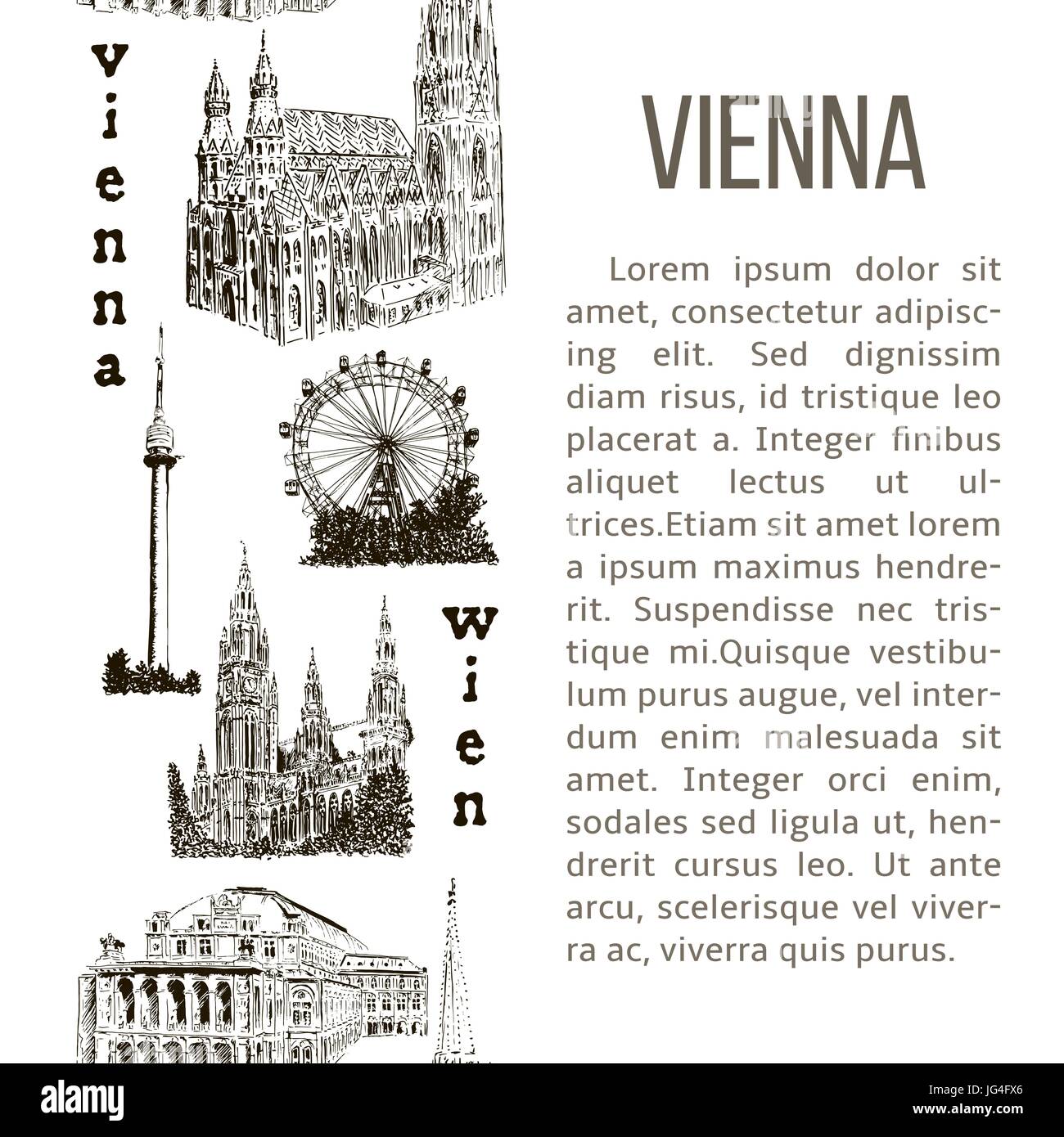 Ensemble de symboles de Vienne avec bande verticale du texte de la description. Donauturm, Stephansdom, Rathaus, Prater, l'Opera House. Croquis dessinés à la main, motif transparent Illustration de Vecteur